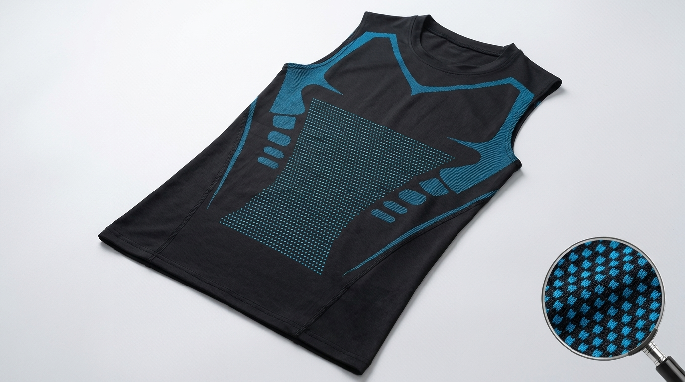 NORDVEIL compression tank laid flat, showing breathable panel zones and ergonomic seam pattern